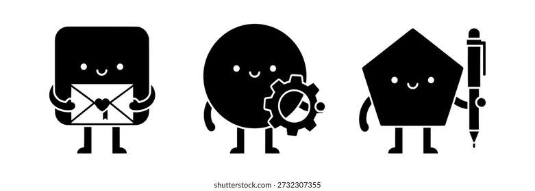 Tres Formas de dibujos animados con caras y piernas sonrientes que sostienen varios objetos