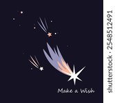 Three cartoon shooting stars in the sky isolated illustration. Make a wish concept. Comet vector