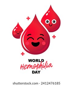 Three cartoon smiling and cute drops of blood. World Hemophilia Day. Blood clotting disorder. Vector illustration on a white background.