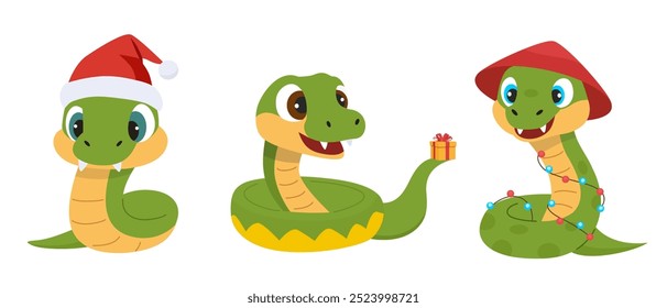 Tres serpientes de dibujos animados, cada uno adornado con diferentes accesorios festivos asociados con la celebración del Año Nuevo. Año Nuevo Lunar, el Año de la Serpiente. Ilustración vectorial plana de dibujos animados