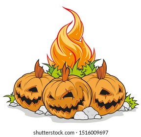 Three cartoon spooky orange pumpkins with flames on a white background