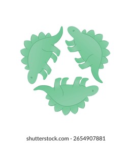 Three cartoon stegosaurus dinosaurs in a playful arrangement. They are green with spiky backs, suitable for children's illustrations or educational materials. Vector illustration