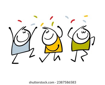 Three cartoon stickmen with closed eyes dance at a party to modern music. Vector illustration of  corporate party, fun and movement. Isolated friends characters on white background.