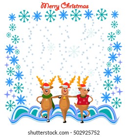 three cartoon style reindeer dancing.  vector christmas frame for your designs of postcard, greeting, invitation, etc. with a place for your text.