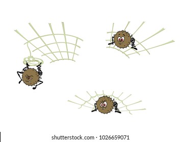 three cartoon style spider characters on web with different emotions