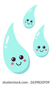 Three cartoon style water drops with smiling faces and rosy cheeks are floating against a clean white backdrop, creating a cheerful and refreshing scene