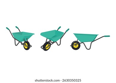 Three Cartoon Styled Green Wheelbarrows Are Isolated Against A Plain White Background In A Row
