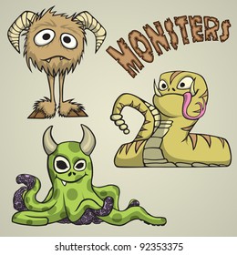 Three cartoon styled monsters with a comical look, no gradients other than the background.