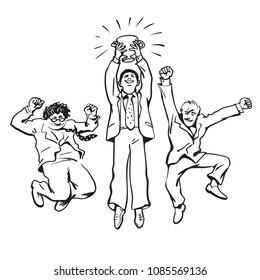 Three cartoon successful happy businessmen jumping for joy holding up winning cup. Partnership and teamwork concept. Black and white sketch. Hand drawn vector illustration.