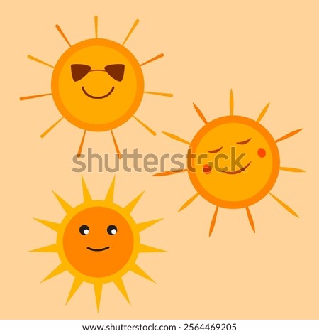 Three cartoon suns with sunglasses on their faces	