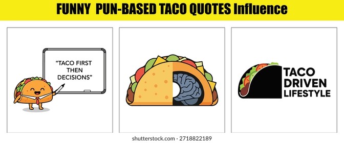Three cartoon taco illustrations: one teaching, one with a brain, and one with a lifestyle logo. Scalable vector format suitable for print and digi...