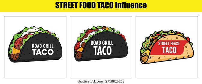 Tres tacos de dibujos animados con etiquetas de texto para comida callejera influyen en la comida rápida mexicana
