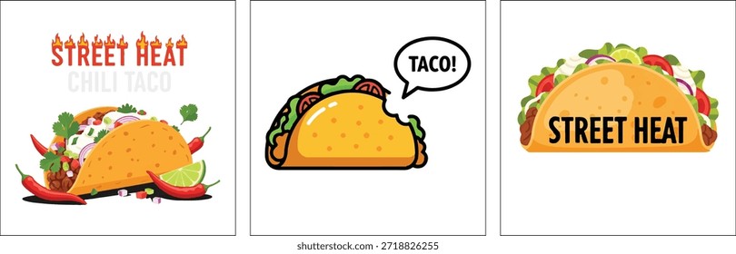 Tres tacos de dibujos animados con etiquetas de texto para comida callejera influyen en la comida rápida mexicana