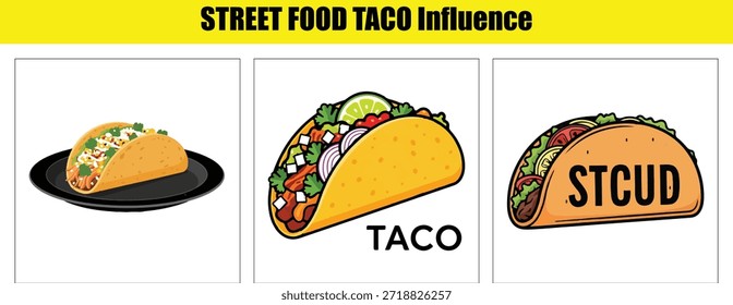 Tres tacos de dibujos animados con etiquetas de texto para comida callejera influyen en la comida rápida mexicana