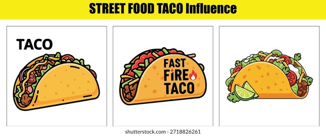 Tres tacos de dibujos animados con etiquetas de texto para comida callejera influyen en la comida rápida mexicana