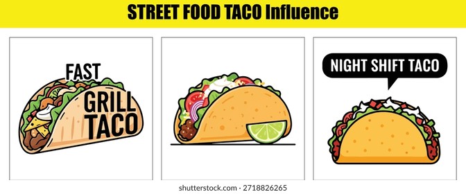 Tres tacos de dibujos animados con etiquetas de texto para comida callejera influyen en la comida rápida mexicana