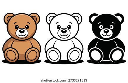 Se muestran tres osos de peluche de dibujos animados, cada uno en un esquema de color diferente: marrón, blanco y negro.