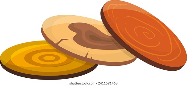 Tres anillos de caricatura hacen corte transversal. Textura de madera y edad diferente, el crecimiento anota ilustración vectorial.