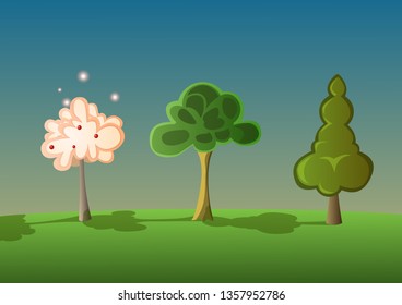 Three cartoon trees in the middle of the forest in the same row. Vector Illustration
