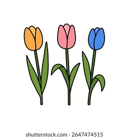 Three cartoon tulips, orange, pink, and blue, stand side-by-side with green stems and leaves, outlined in black, on a white background.
