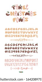 Three Cartoon vector illustration Christmas food. Hand drawn fonts. Actual Creative Holidays bake alphabet, numbers and signs