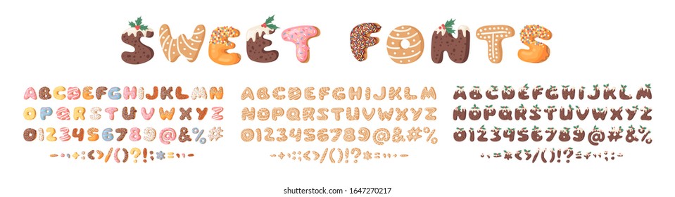 Three cartoon vector illustrations donuts, Christmas Dudding and Gingerbread Cookies. Hand drawn font with sweets. Actual Creative art bake alphabet 