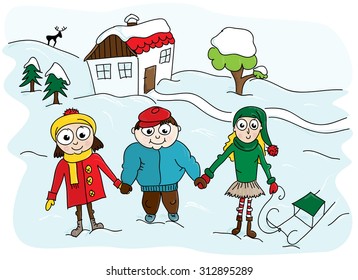 Three cartoon vector kids in winter landscape with snow.