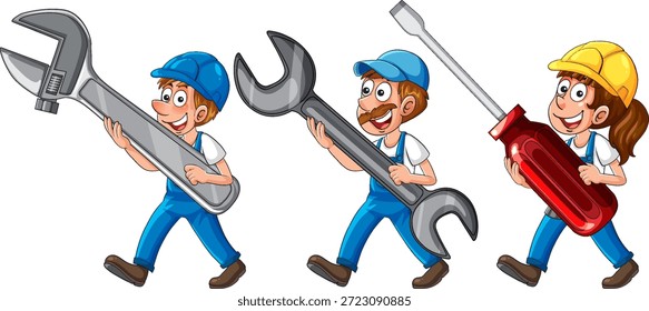 Três trabalhadores de desenhos animados caminham segurando chave de fenda e chave de fenda gigante, cores brilhantes, fundo branco