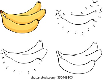 Three cartoon yellow bananas. Vector illustration. Coloring and dot to dot educational game for kids