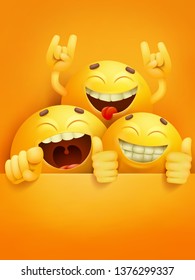 Three cartoon yellow smile characters invitation card template. Vector illustration