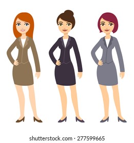 Three cartoon young businesswomen in formal clothes of various colors and with different hairstyles. Isolated on white background.