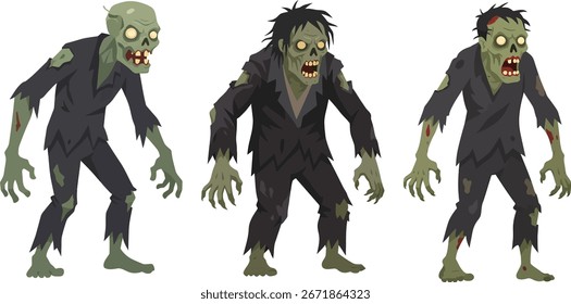 Tres zombis de dibujos animados, cada uno en una pose diferente, se representan con ropa rasgada, con piel verde visible y manos con garras. Se colocan sobre un fondo blanco liso.