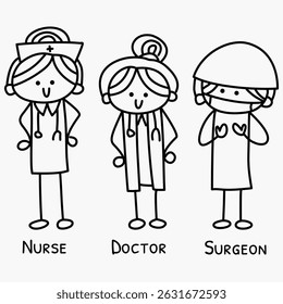 Three cartoon-style female medical professionals. Simple illustration showing a nurse, a doctor, and a surgeon. Ideal for healthcare education or children’s medical themes.