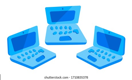 Three cartoon-style laptops in different angles