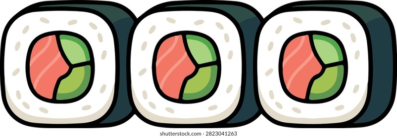 Three cartoon-style sushi rolls are depicted horizontally, featuring white rice, dark nori, and a vibrant filling of pink salmon and green avocado or cucumber.