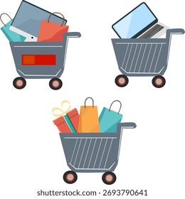 Tres Carritos llenos de productos de compras aislados