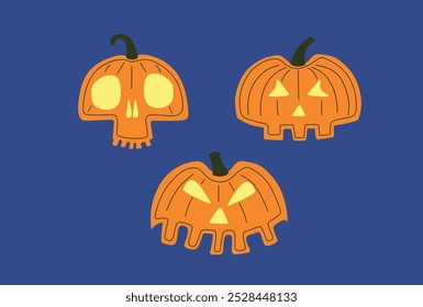 Três faces de abóbora esculpidas de Halloween com várias expressões em um fundo azul escuro. Apresenta desenhos divertidos e assustadores jack-o'-lantern em laranja brilhante com olhos brilhantes. Ilustração vetorial.