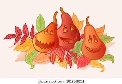 Three carved pumpkins. Cool illustration for Halloween. Vector autumn pattern suitable for stickers, pictures, and other merch