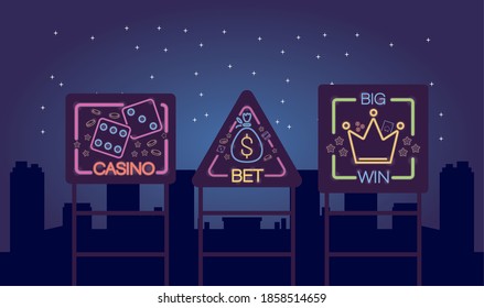 three casino neon lights labels on the city vector illustration design