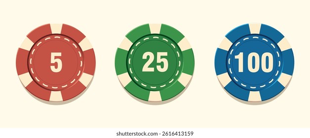 Three casino poker chips with denomination. Bright vector design of gambling chips in red, green, blue colors isolated on white background. Ideal for casino icon design projects, slot machines, roulet