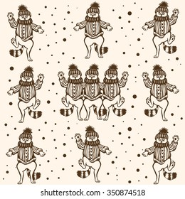 Three cat dance. Dressed in caps and sweaters. Caricature.