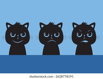 Three Cat with different expression. Happy, Sad, Angry
