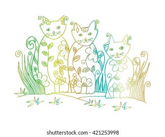 Three cat doodle vector illustration. Floral decorative style