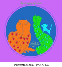 Three cat green, orange and blue are going to dine on fish. Card on a purple background, handmade.