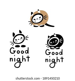 Three cat icons and Good Night lettering. Hand-drawn cartoon collection. Vector illustration