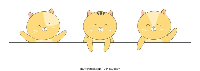 Three cat kitten kitty orange set holding empty paper. Paw print. Cute kawaii cartoon hand drawn character. Happy Valentines Day. Baby greeting card, banner print. White background. Flat design Vector