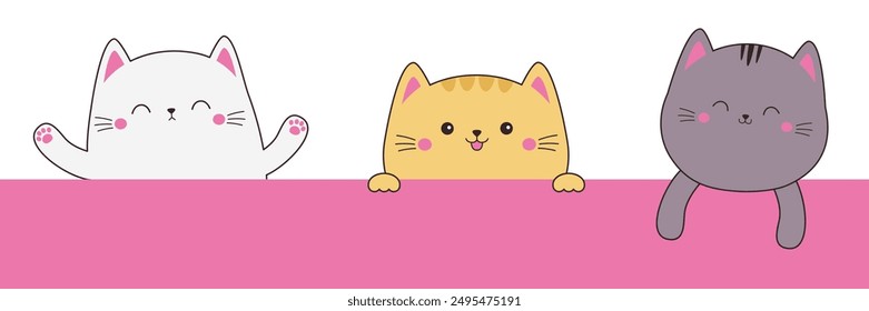 Three cat set hanging on pink paper. Funny Kawaii pet animal. Kitten with hands. Paw print on the table. Line contour silhouette. Cute cartoon doodle baby character Flat design White background Vector