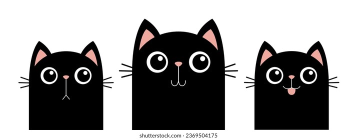 Banner de la línea de tres gatos. Triste feliz sonriente cara de gatito negro. Gracioso personaje de dibujos animados Cute kawaii. Feliz Halloween. Plantilla de impresión de adhesivos para portátiles. Diseño plano. Fondo blanco. Vector