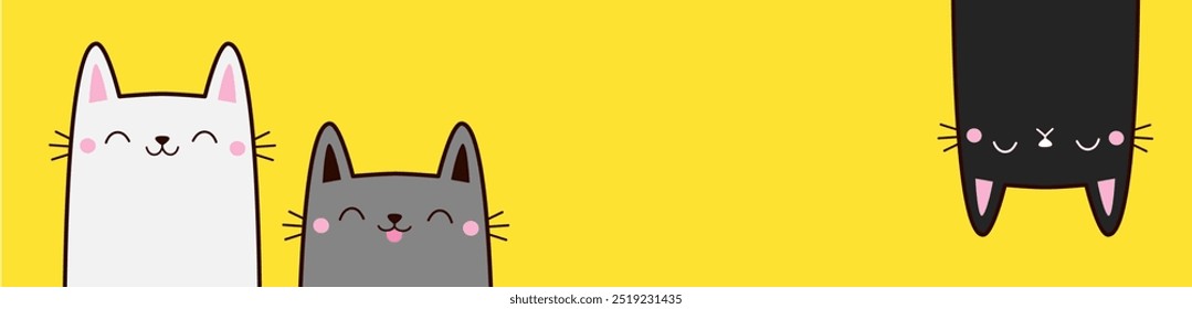 Three cat set. Line contour silhouette. White black, gray kitten icon. Funny face. Cute cartoon character. Kawaii animal. Love card. Silhouette sticker print. Flat design. Yellow background. Vector