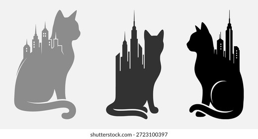 Tres siluetas de gatos con horizontes de la ciudad en el interior, en diferentes tonos de gris y negro, sobre un fondo claro.